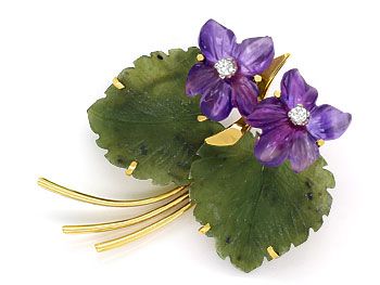 Foto 1 - Veilchen Brosche mit Amethyst Blüten Diamanten Jade 14K, S9629
